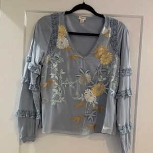 Elegant Floral Embroidered Blouse in Blue and Yellow